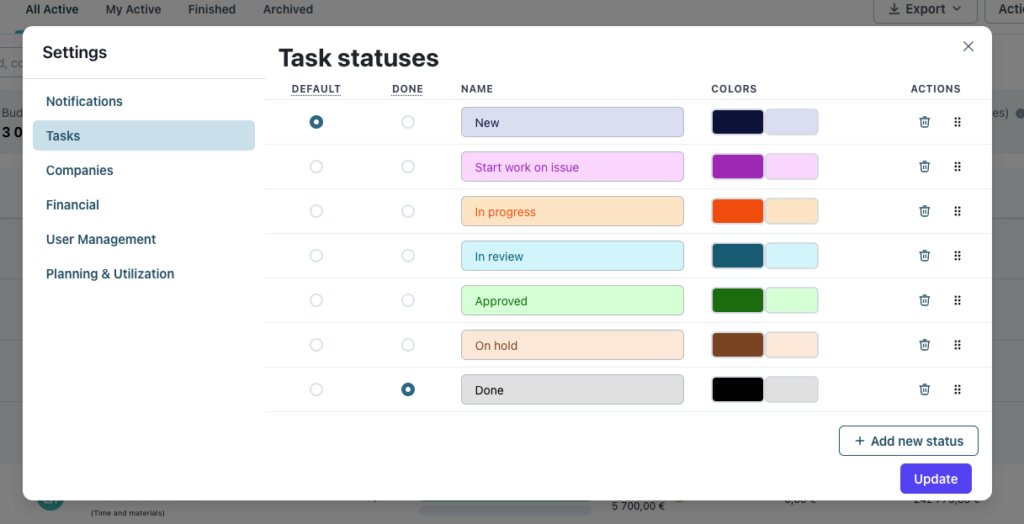 Customize your tasks statuses reflecting your agency workflow.