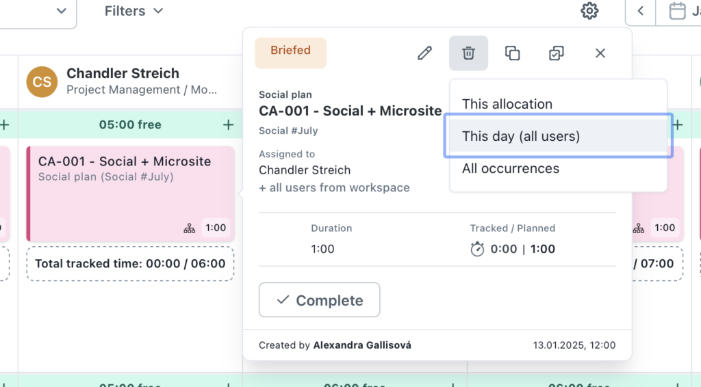 optimized planning delete this day all users