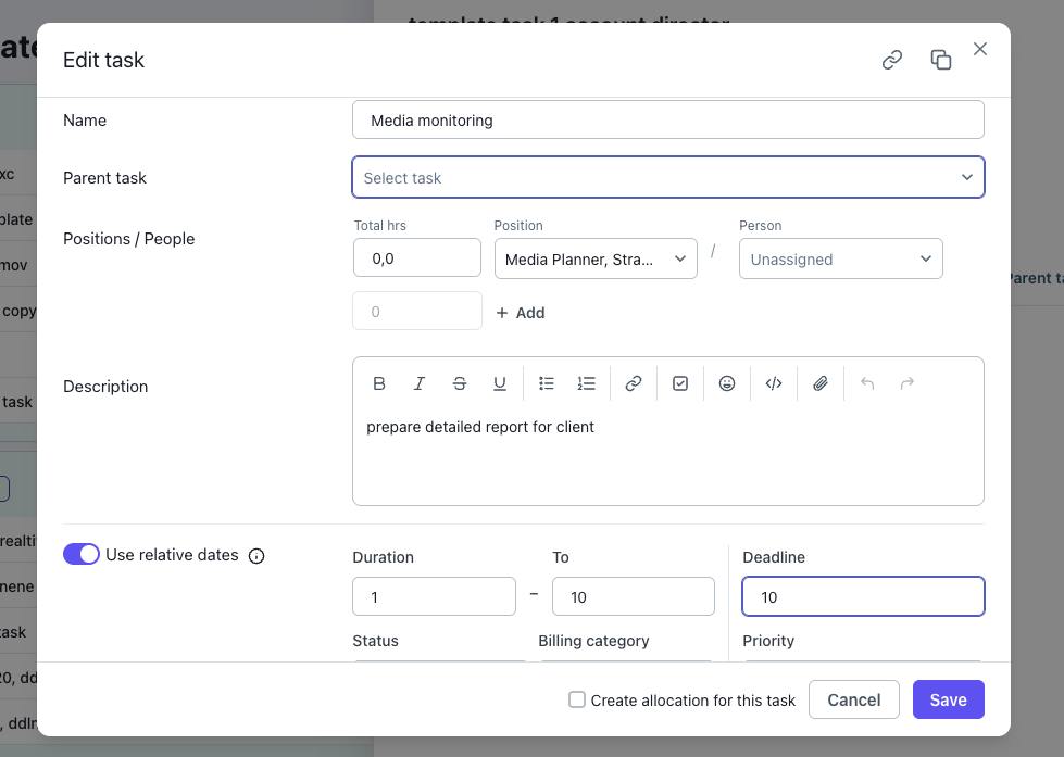 task templates task management relative dates