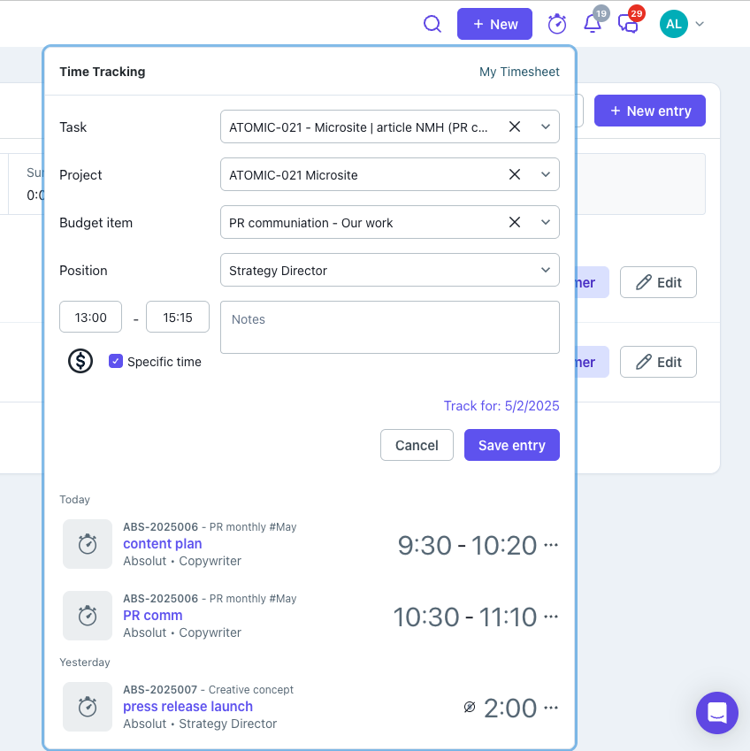 time tracking on specific time